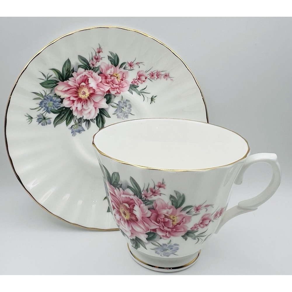 Royal Victorian Teacup Saucer Pink Floral Bone China Gold Trim England Fluted